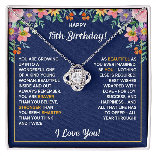 HAPPY 15TH BIRTHDAY WRAPPED LOVE KNOT NECKLACE