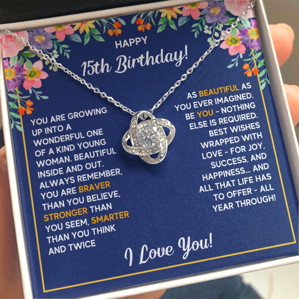 HAPPY 15TH BIRTHDAY WRAPPED LOVE KNOT NECKLACE