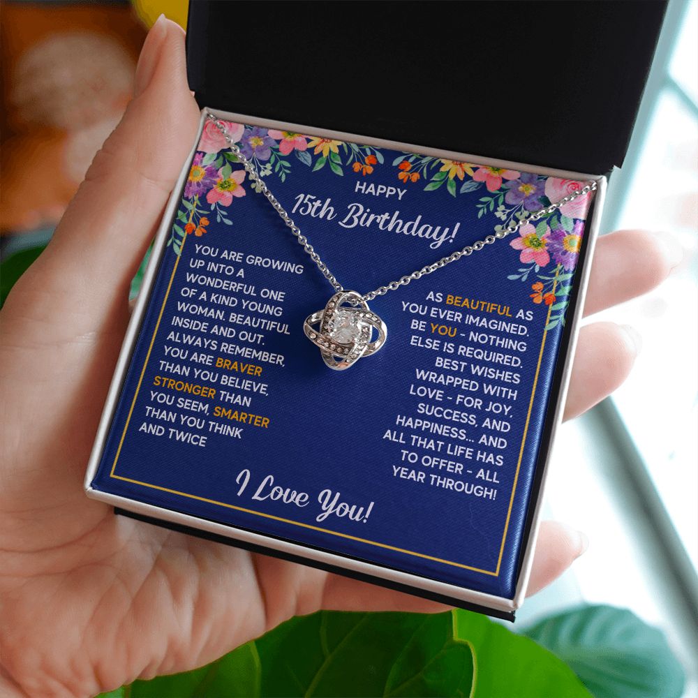 HAPPY 15TH BIRTHDAY WRAPPED LOVE KNOT NECKLACE