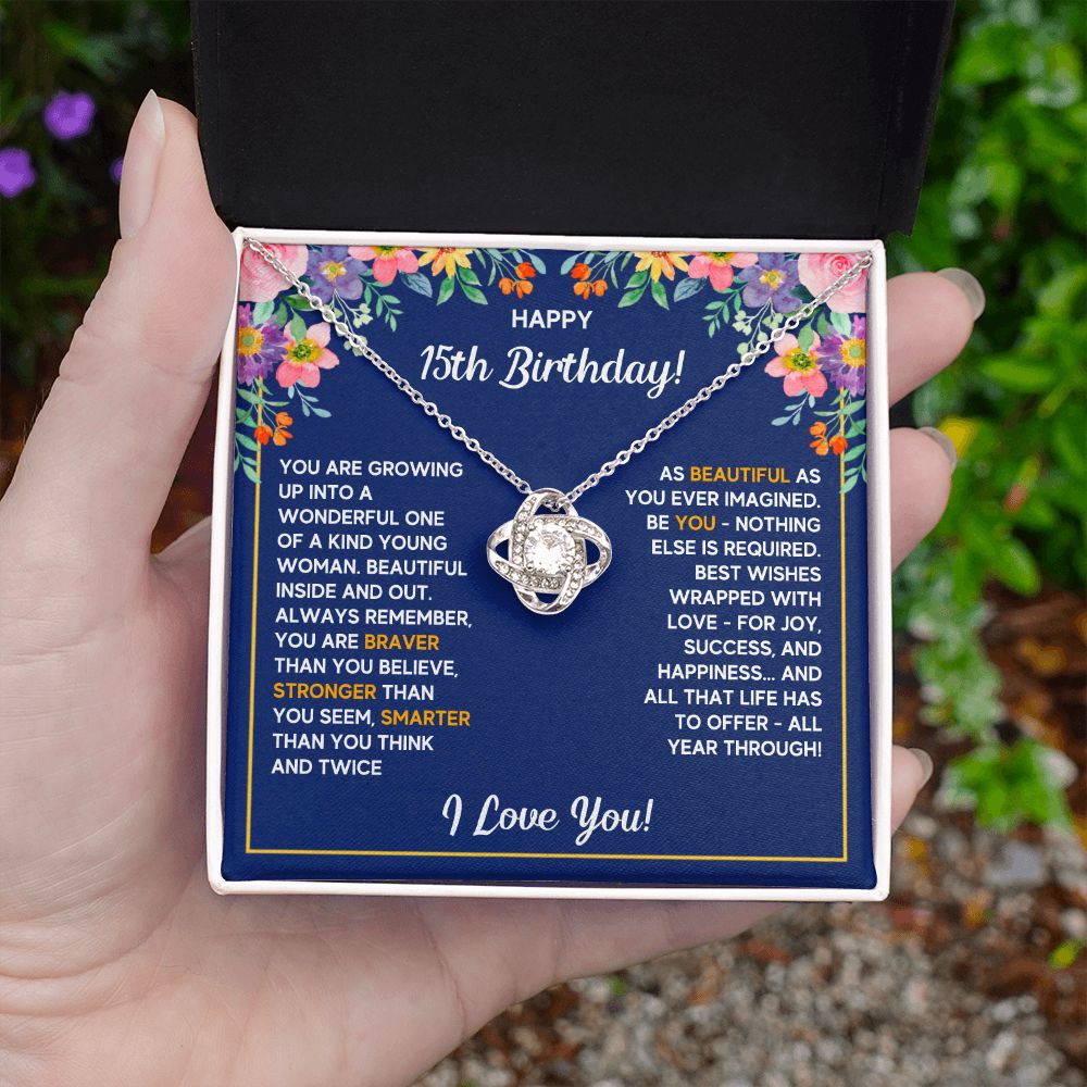 HAPPY 15TH BIRTHDAY WRAPPED LOVE KNOT NECKLACE