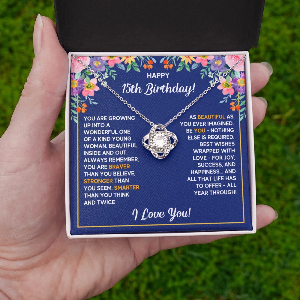 HAPPY 15TH BIRTHDAY WRAPPED LOVE KNOT NECKLACE