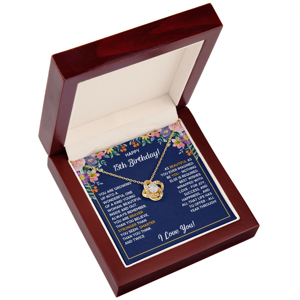 HAPPY 15TH BIRTHDAY WRAPPED LOVE KNOT NECKLACE