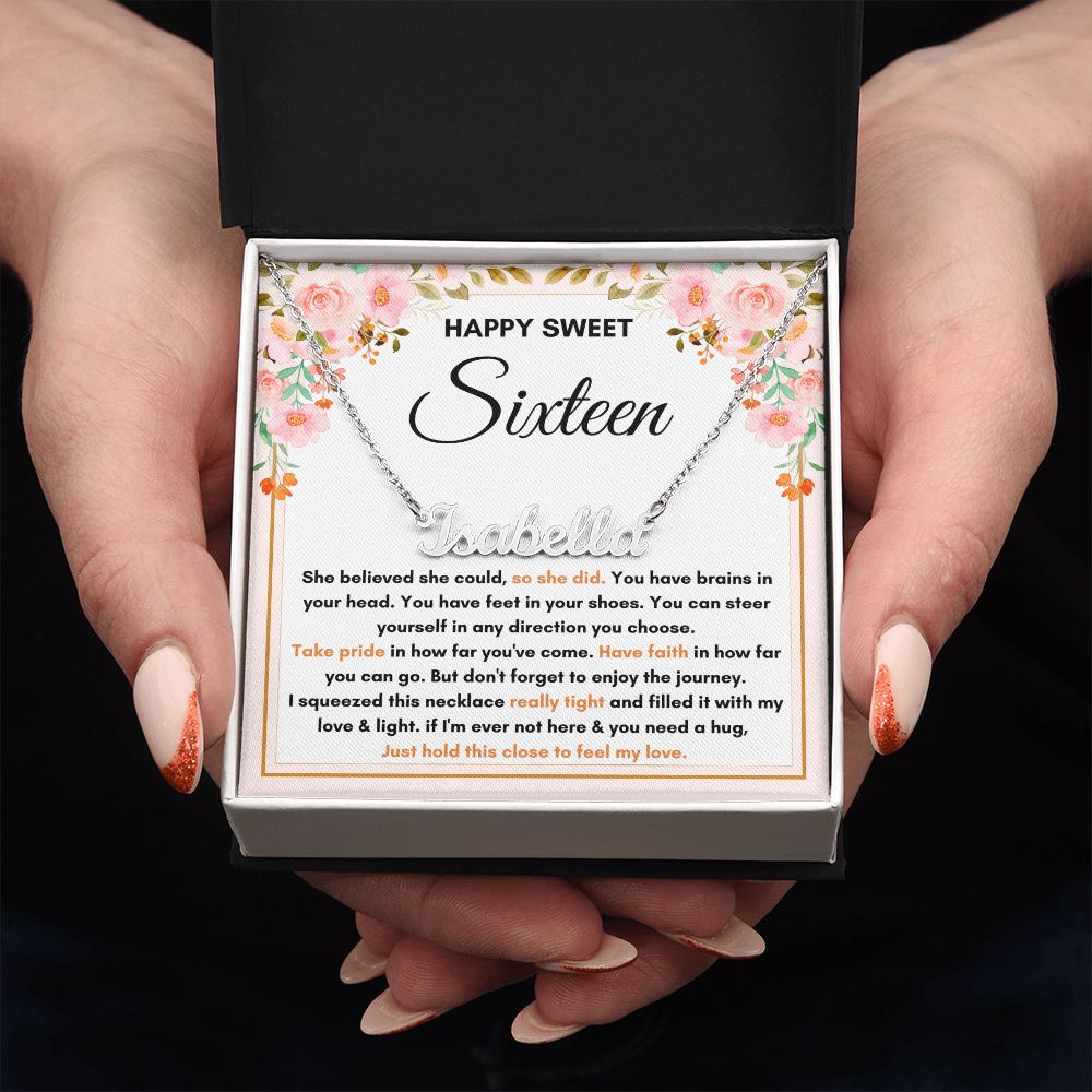 16TH BIRTHDAY DIRECTION SQUEEZED CUSTOM NAME NECKLACE