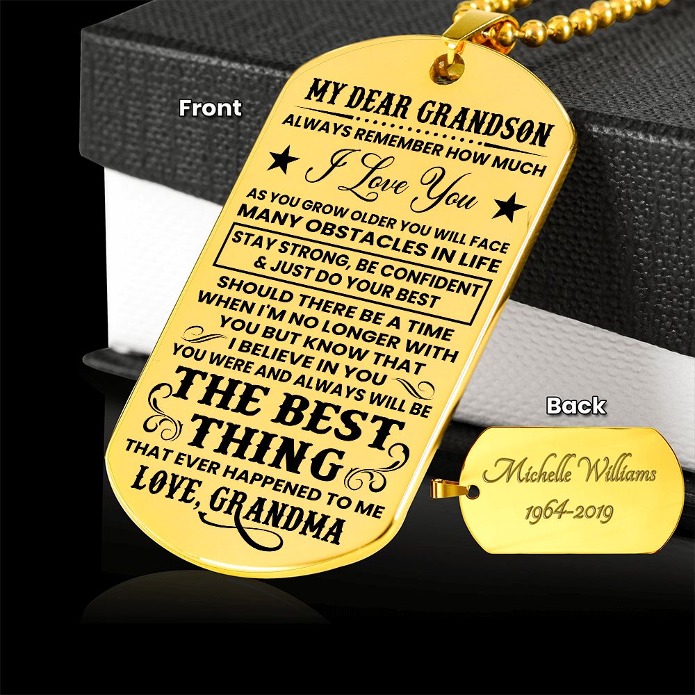 Grandson - Strong & Confident - Engraved Dog Tag Necklace