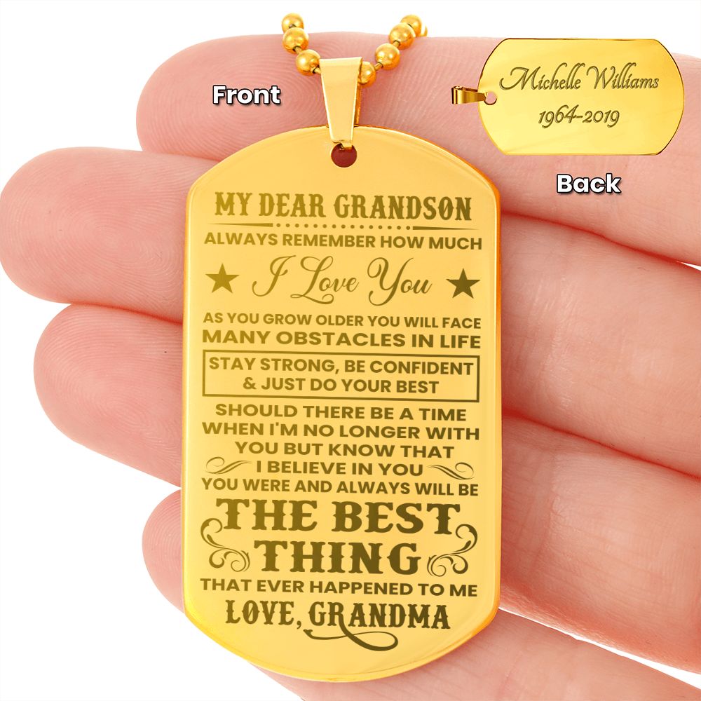Grandson - Strong & Confident - Engraved Dog Tag Necklace